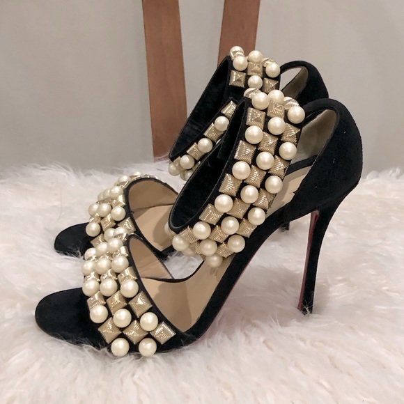 💥 LOUBOUTIN Tudor Bal 100 Stud Pearl Embellished Heel Sz 36.5 - Picture 5 of 11